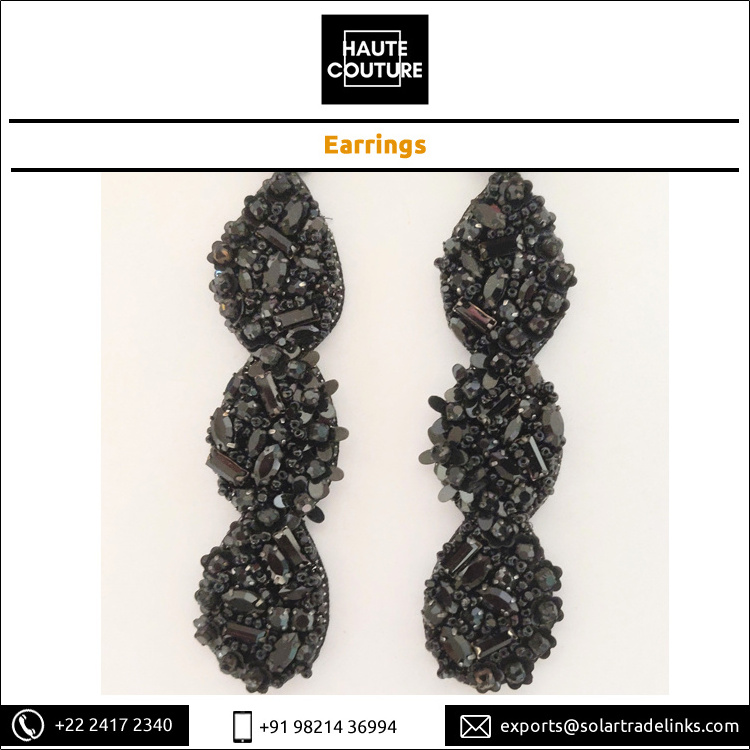 Best Selling Classic Black Drop Earrings 12 cm Long Hand-Embroidered Handmade Women's Wear with Genuine Beads