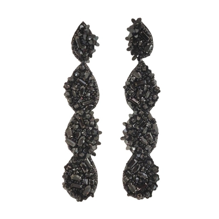 Best Selling Classic Black Drop Earrings 12 cm Long Hand-Embroidered Handmade Women's Wear with Genuine Beads