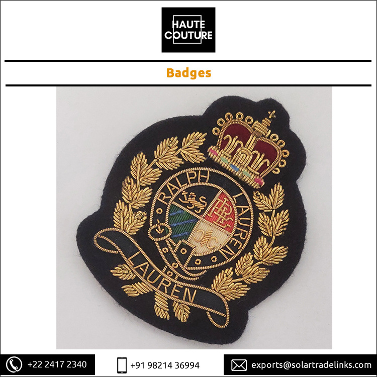 Stylish 7x9cm Hand-Embroidered Bullion Badges Custom Brand Handmade Sew-On Emblems from Indian Manufacturer