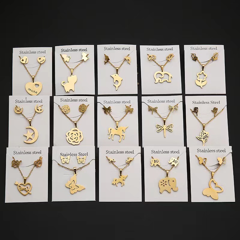 2023 Wholesale Cheap Women Girls Stainless Steel Jewelry 18k gold necklace Pendant and Stud Earrings Jewelry set