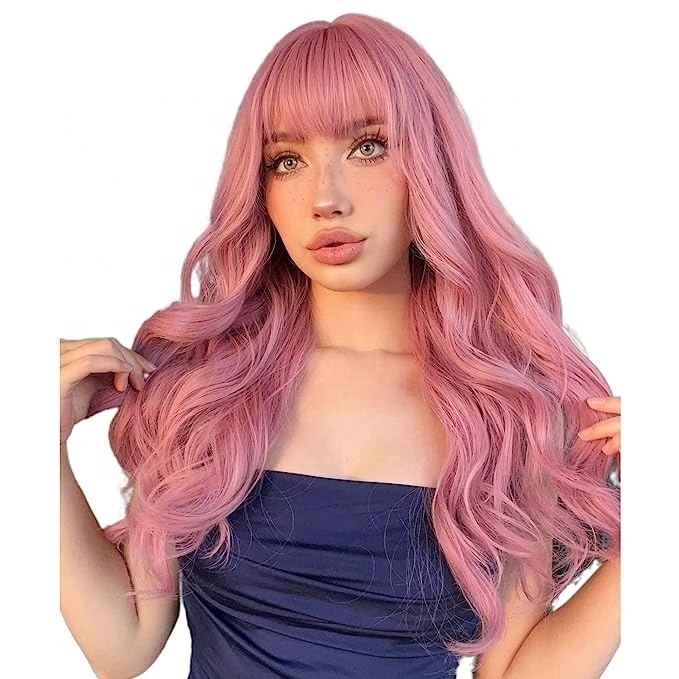 HAVEN HAIR 22 Inch Bangs Long Wavy Pink Wigs For Women Japanese Hair Natural Wavy Wig