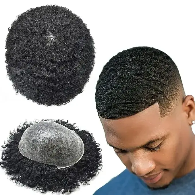 Afro Wave Hair Units For Men Full French Lace Hair Replacement Black Male Curly Afro Toupee African American Human Hair Men Wigs