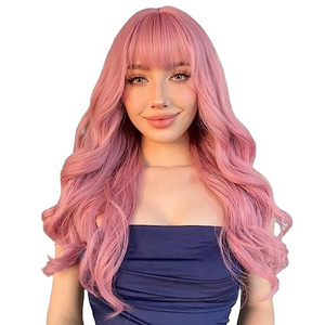 HAVEN HAIR 22 Inch Bangs Long Wavy Pink Wigs For Women Japanese Hair Natural Wavy Wig