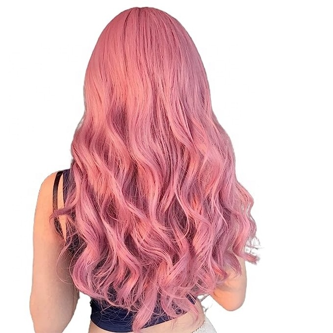 HAVEN HAIR 22 Inch Bangs Long Wavy Pink Wigs For Women Japanese Hair Natural Wavy Wig