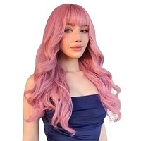 HAVEN HAIR 22 Inch Bangs Long Wavy Pink Wigs For Women Japanese Hair Natural Wavy Wig