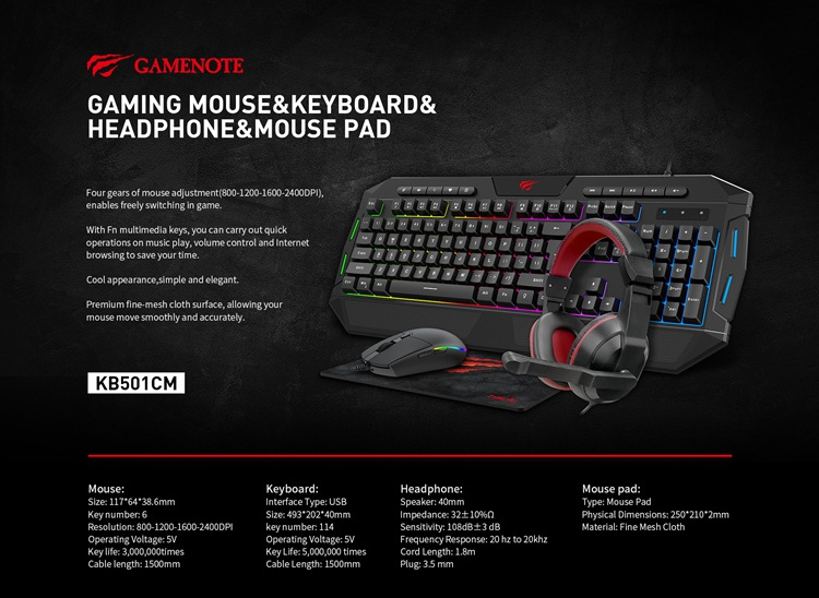 KB501Cm Havit Gaming Keyboard And Mouse Headset Combo 19 Anti-Ghosting 114 Key Typewriter Pc Gaming Mouse Keyboard Headset Combo