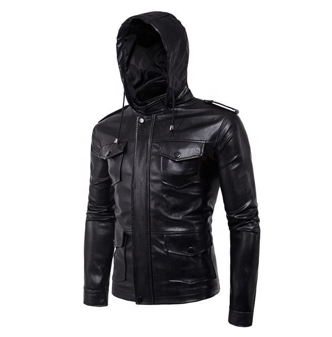 Classic Shine Leather Jacket with hood For Men / Customized Color Bomber Leather Jacket For Men