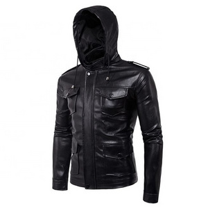 Classic Shine Leather Jacket with hood For Men / Customized Color Bomber Leather Jacket For Men