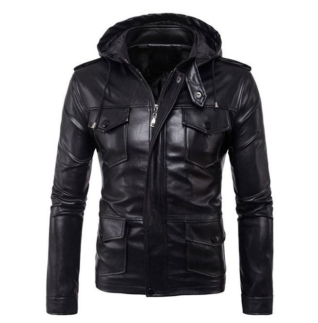 Classic Shine Leather Jacket with hood For Men / Customized Color Bomber Leather Jacket For Men