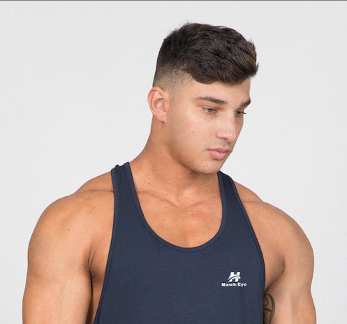 Navy blue color cotton stretch fitness stringer vest manufacture by Hawk Eye Sports ( PayPal Verified )