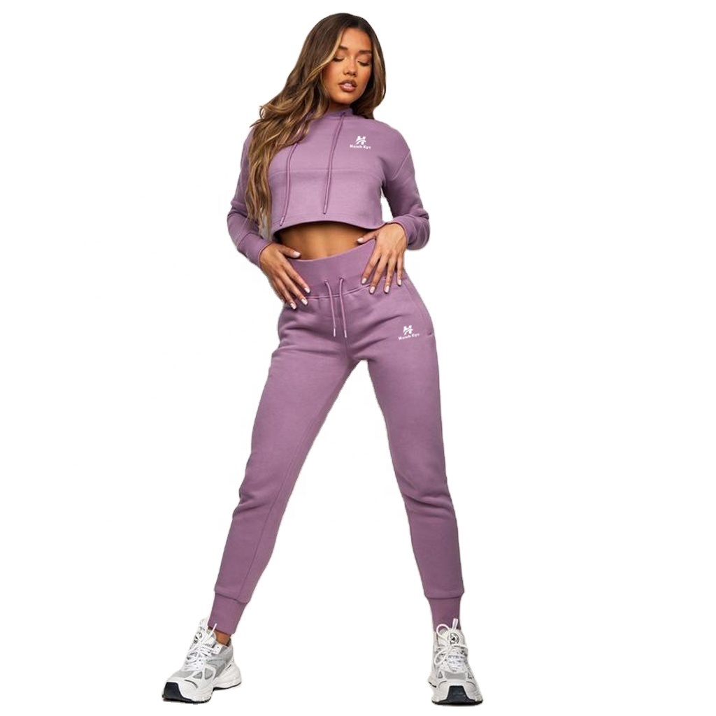 Purple color slim fitted crop top hoodie women tracksuit LOGO Custom Thick Fleece Pullover Tracksuit