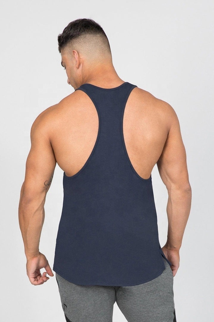 Navy blue color cotton stretch fitness stringer vest manufacture by Hawk Eye Sports ( PayPal Verified )