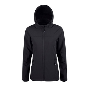 New Trend High Quality Sportswear Breathable Womens Water Resistant Softshell Jacket with Twi Side Pockets and Hoodie