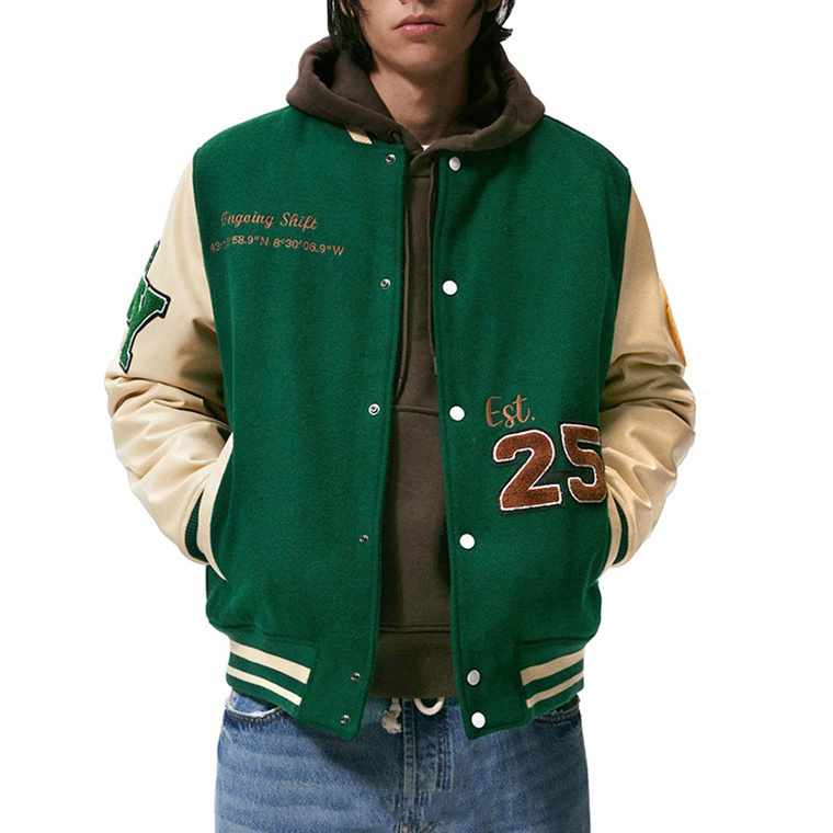 Custom Logo Men Letter Jackets College Vintage Varsity Baseball Jacket with Leather Sleeves