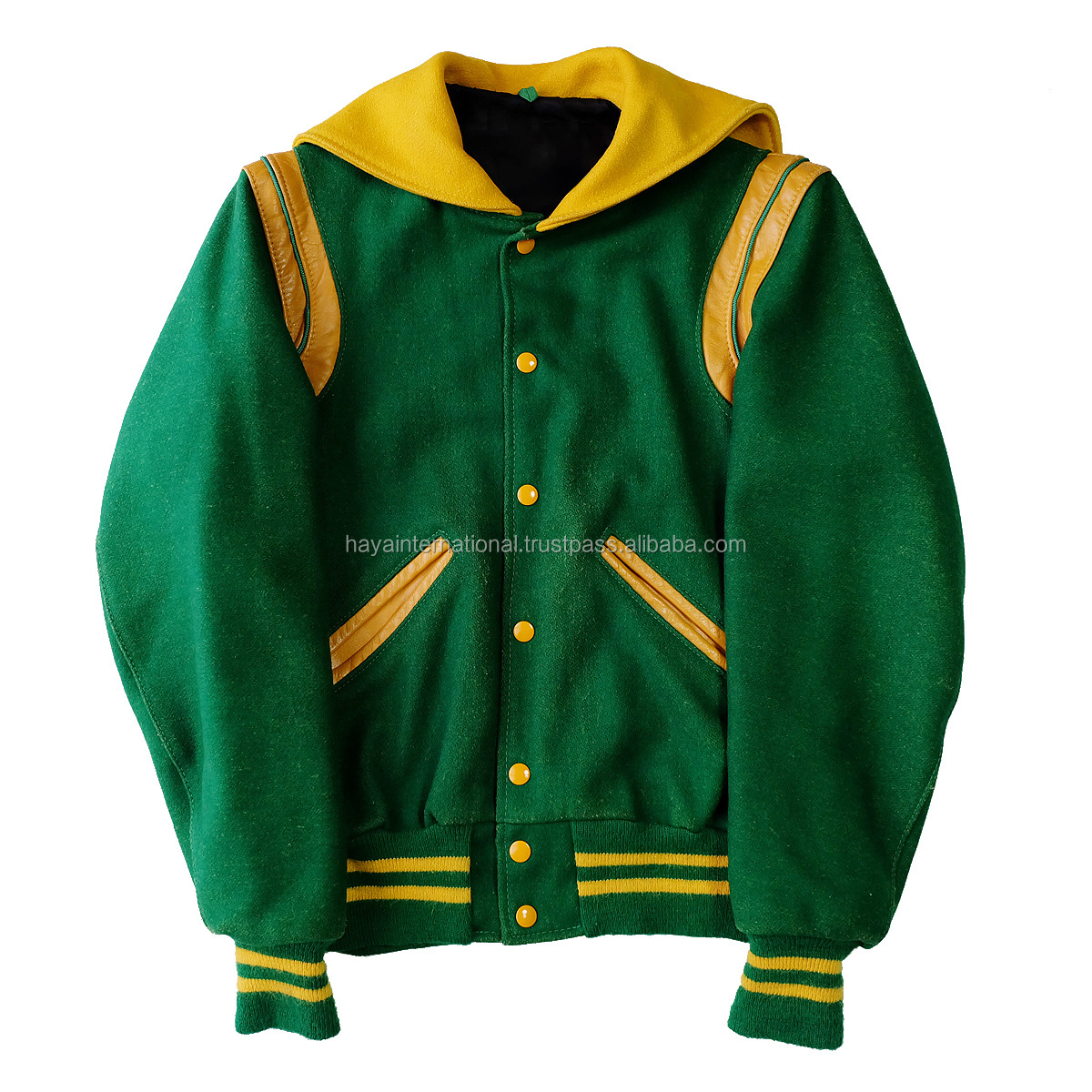 High quality yellow sailor collar HISCVJ02 green wool body leather on shoulder college varsity jacket