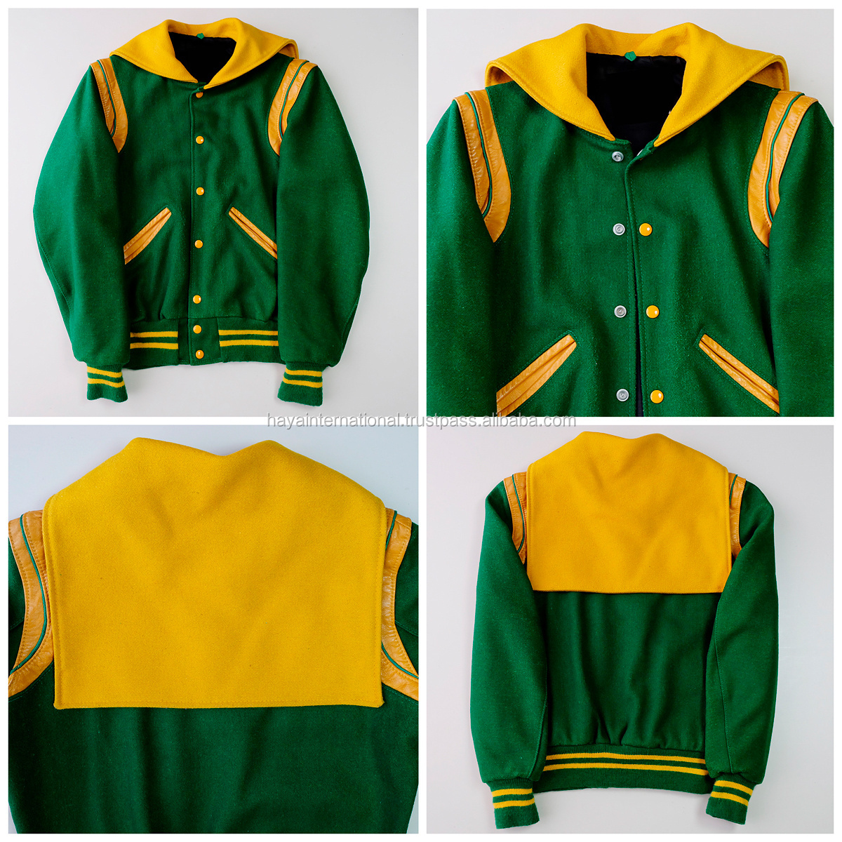 High quality yellow sailor collar HISCVJ02 green wool body leather on shoulder college varsity jacket