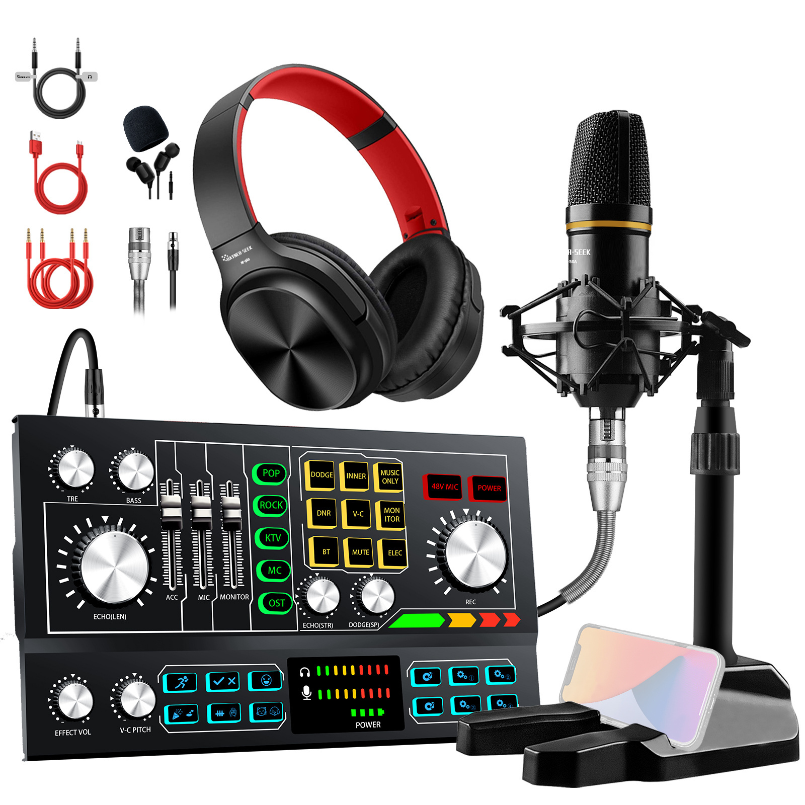 Musical Mixer Voice Changer Adjustable Audio Interface Mixer With 48V Condenser Microphone