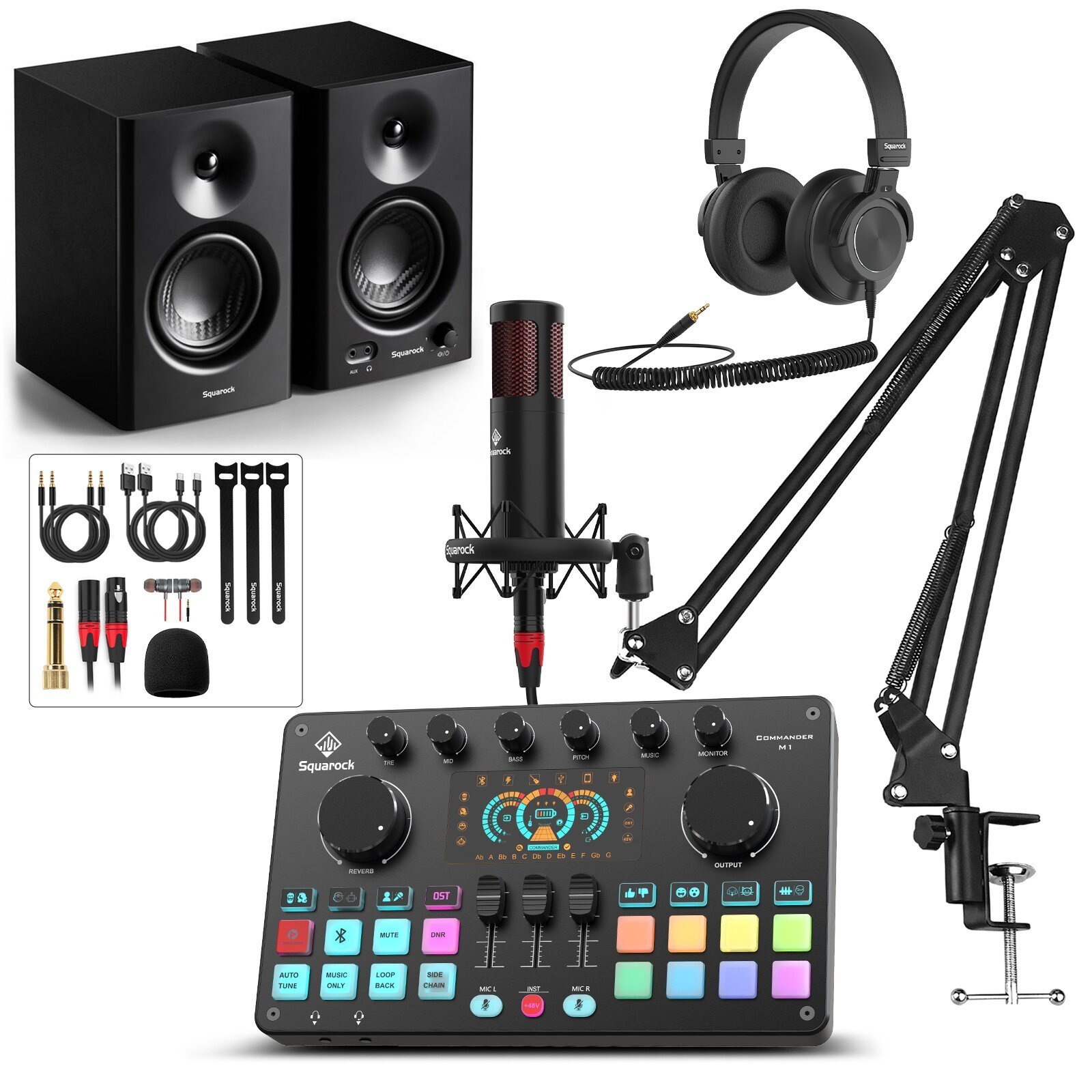 Squarock Recording studio equipment with 5/48V Microphones headphone and Monitor Speaker for streaming podcast equipment kit