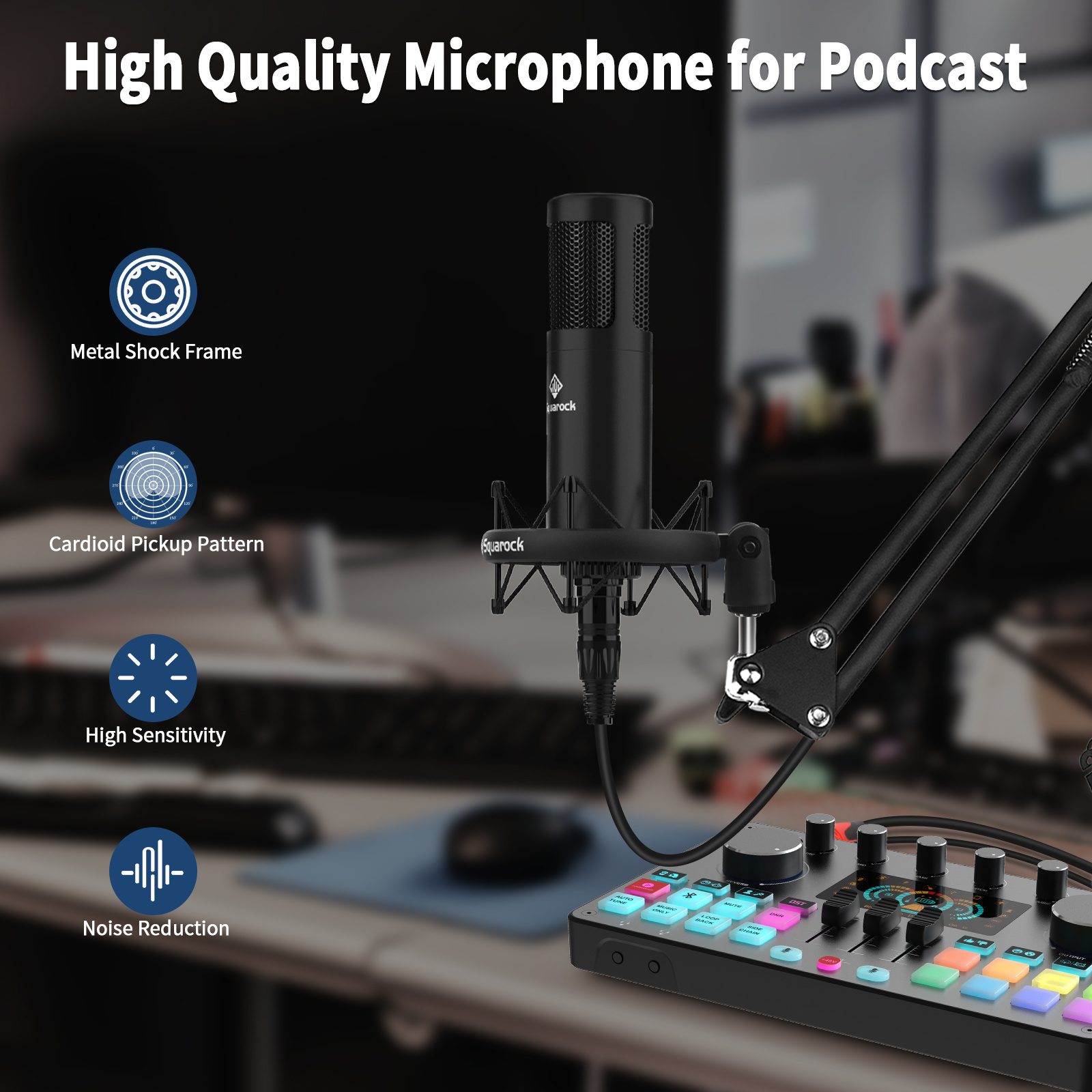 Squarock  Podcast Equipment Bundle,Sound card recording interface audio mixer with Microphone Live streaming