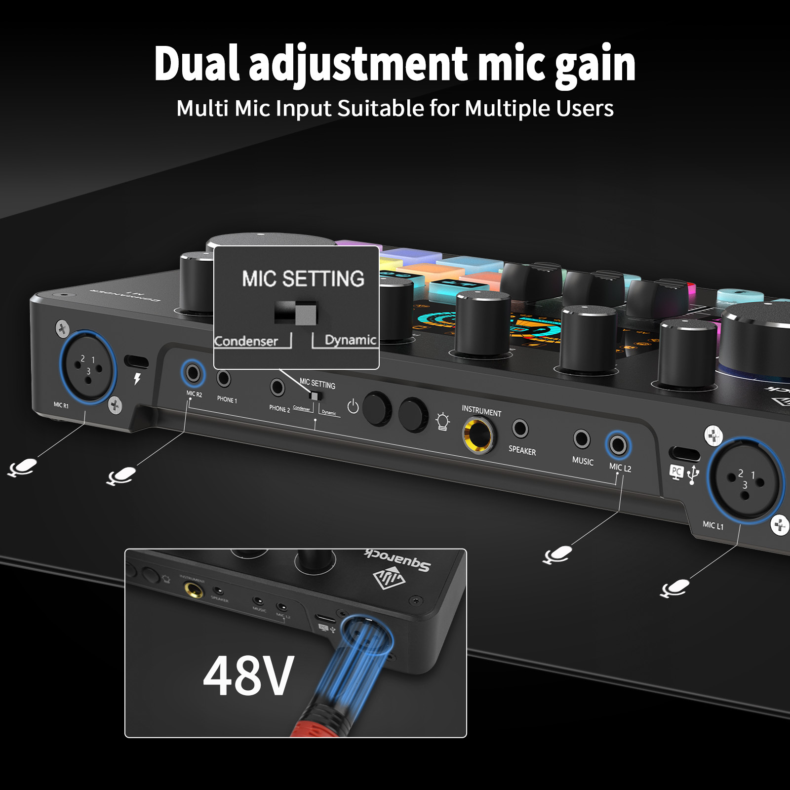 Squarock Recording studio equipment with 5/48V Microphones headphone and Monitor Speaker for streaming podcast equipment kit