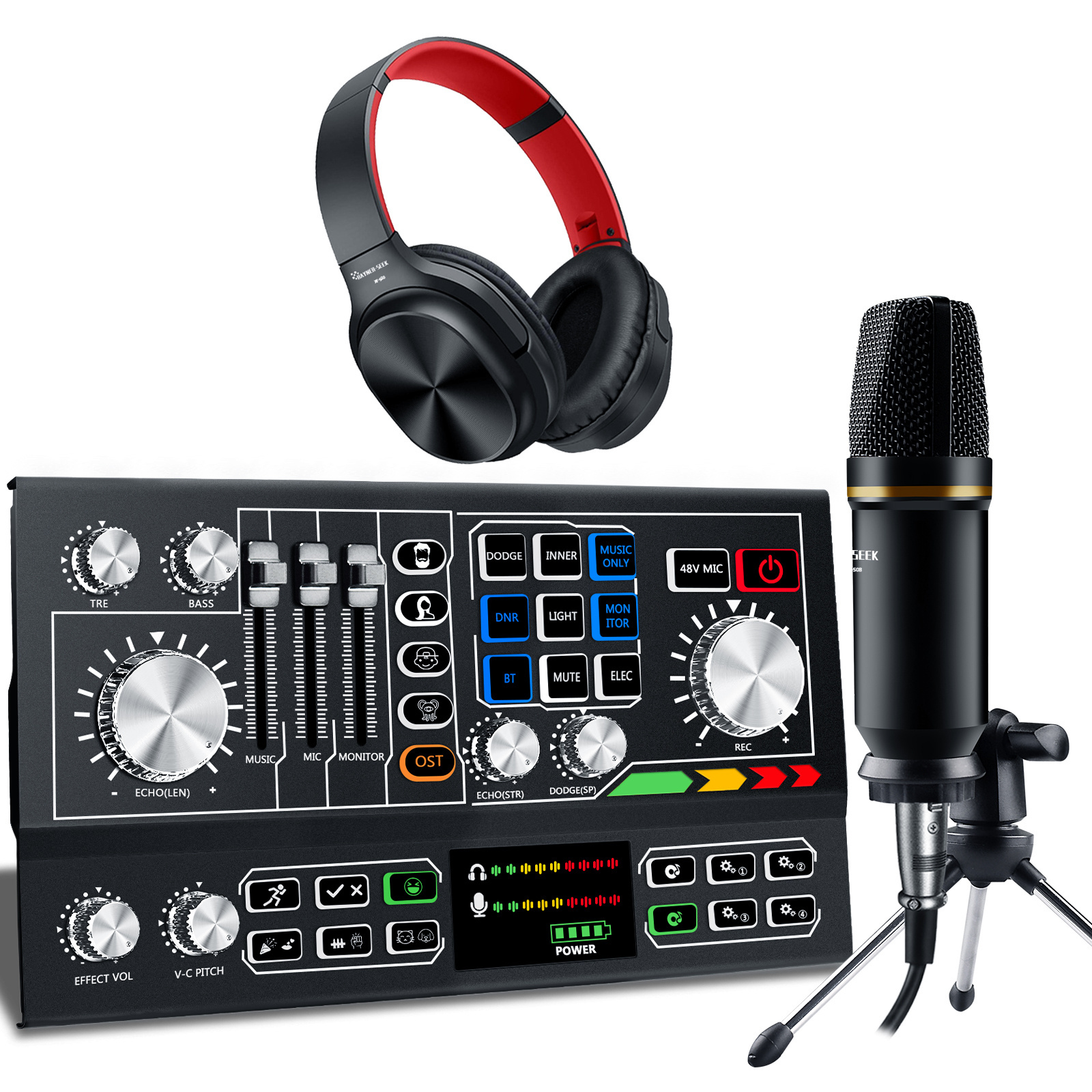 Professional Studio Recording Sound Card Mixer with 48V microphone  kit and monitor  headphone and earpod