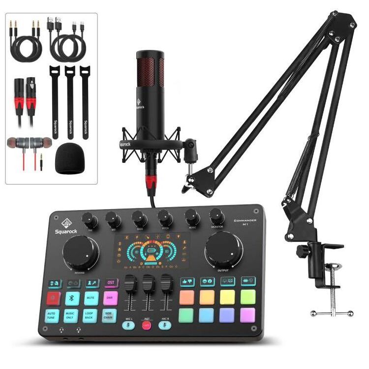 Studio audio sound board set with 48V condenser microphone for live streaming podcast equipment