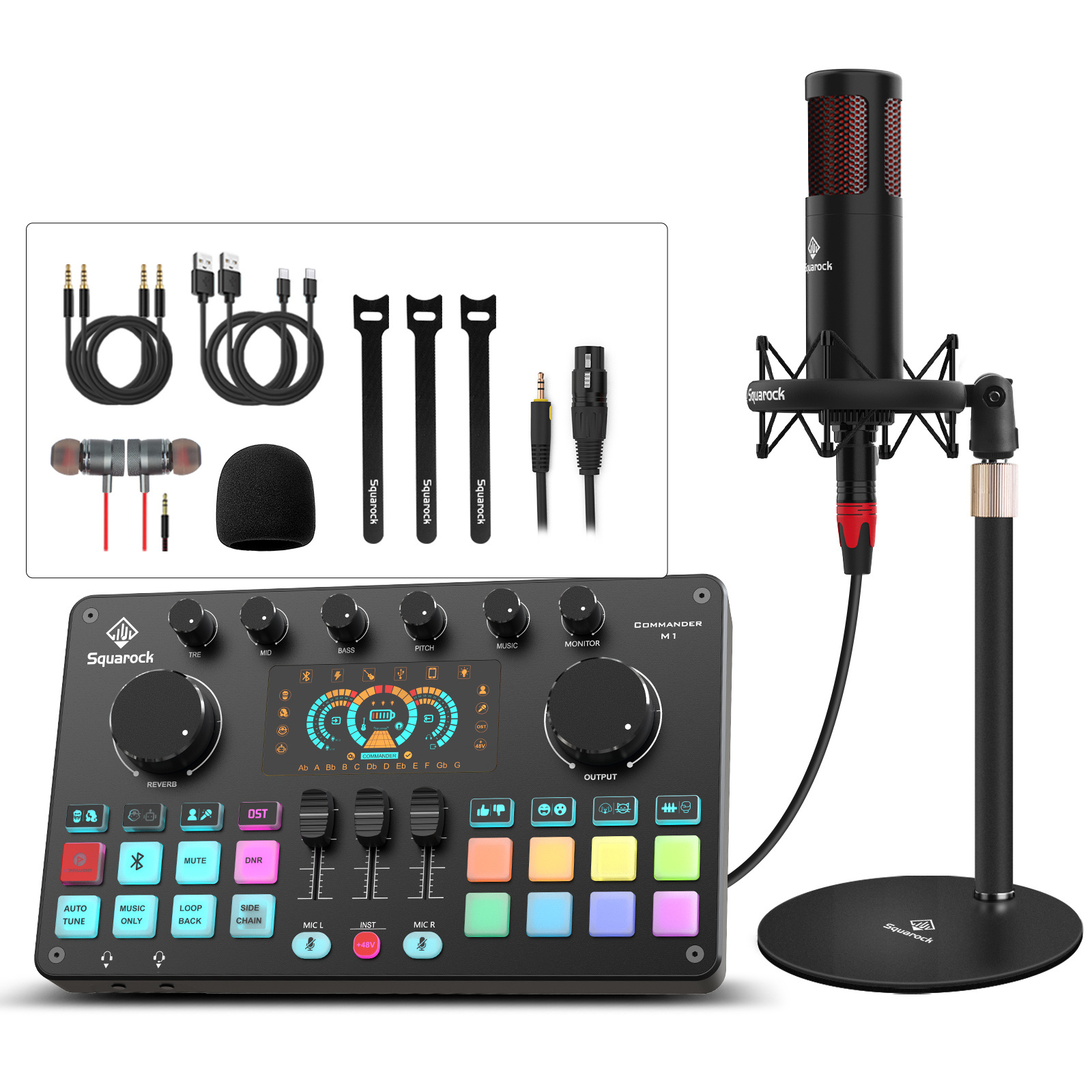 Studio audio sound board set with 48V condenser microphone for live streaming podcast equipment