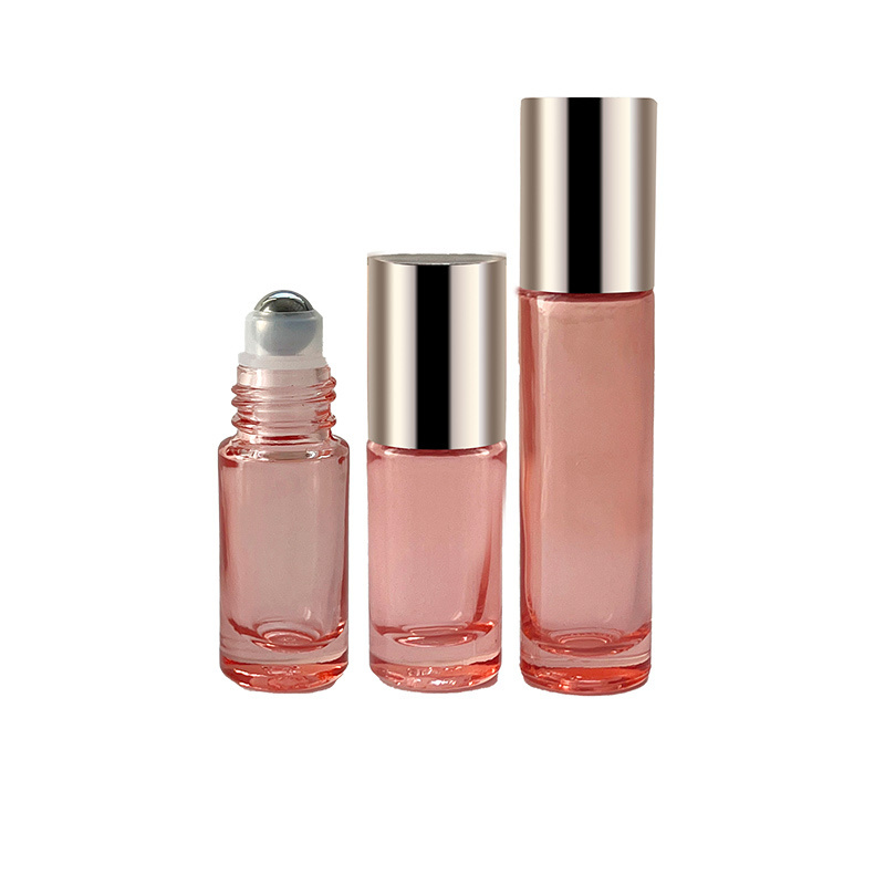 Wholesale Empty 5ml 10ml Pink glass/steel Roll On Bottle with rose gold cap  For Essential Oil Serum Perfume packaging