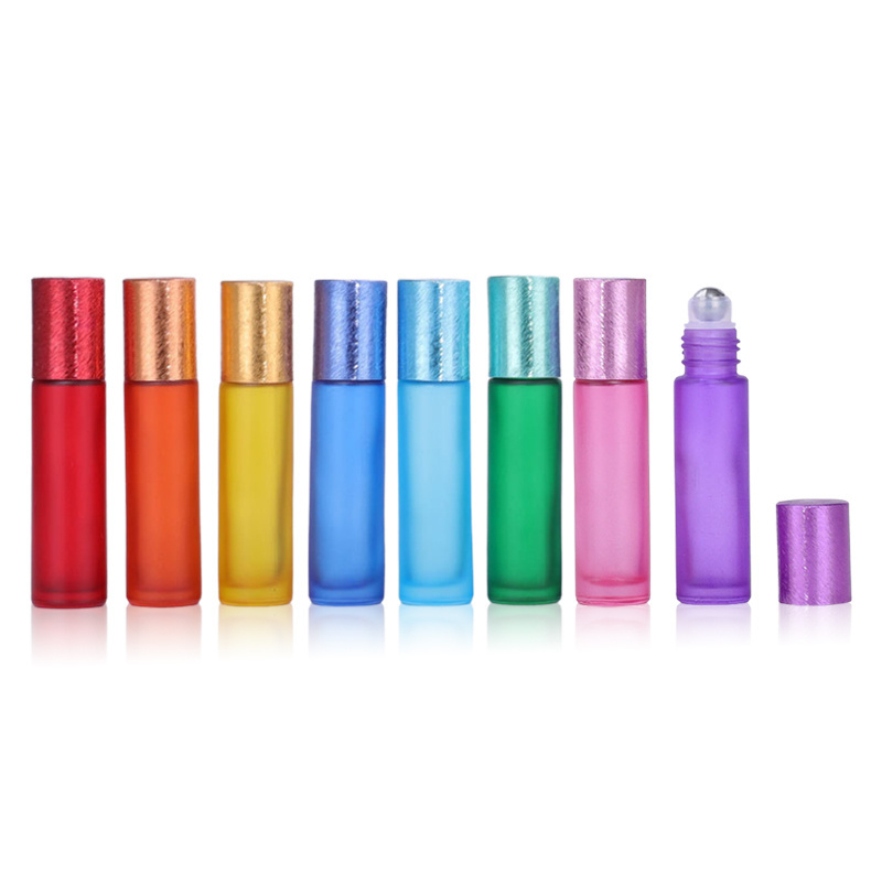 Hot Sale 10ml Rainbow Color Frosted Glass Roller Bottle With Brushed Lid Customized Rollon Bottle