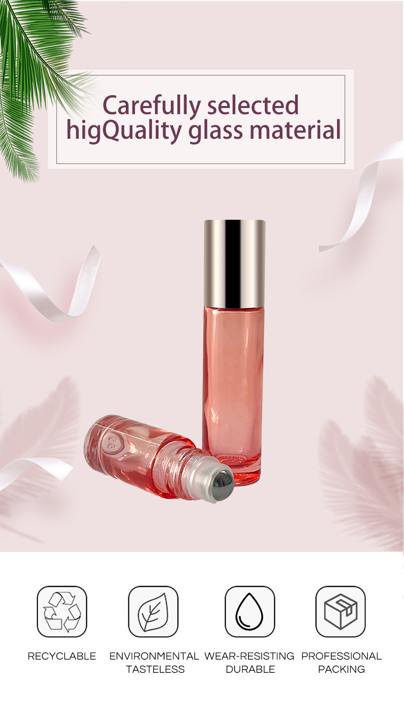 Wholesale Empty 5ml 10ml Pink glass/steel Roll On Bottle with rose gold cap  For Essential Oil Serum Perfume packaging