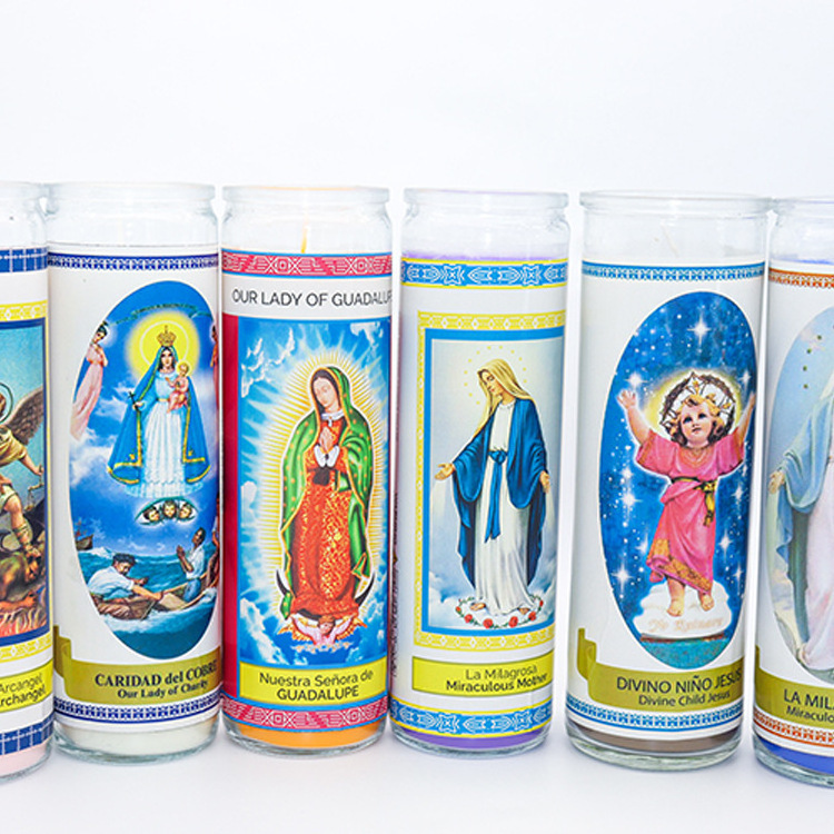 custom color 7 day prayer candles wholesale in glass for sale Glass candle Pray for religious paraffin candles