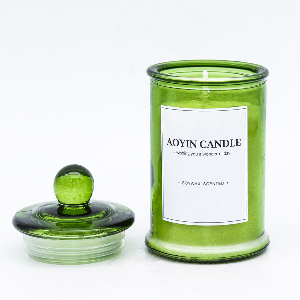 AOYIN handmade green glass jar candles soy wax aroma rose lemon scented candles luxury gift set with logo