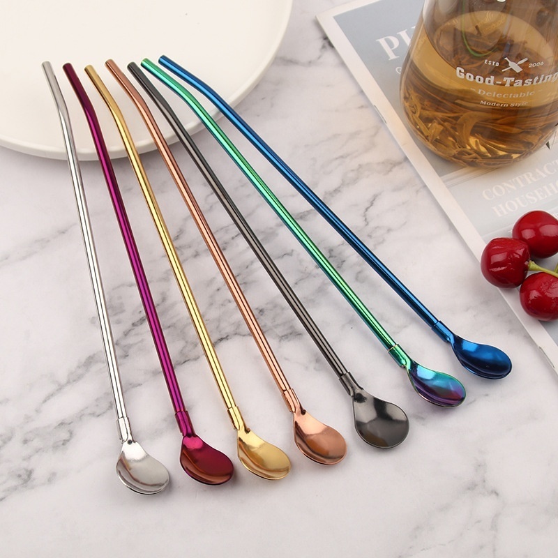 Eco-Friendly Reusable Colorful Metal Stainless Steel 304 Round Straw Spoon