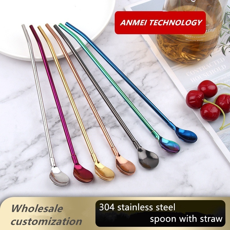 Eco-Friendly Reusable Colorful Metal Stainless Steel 304 Round Straw Spoon