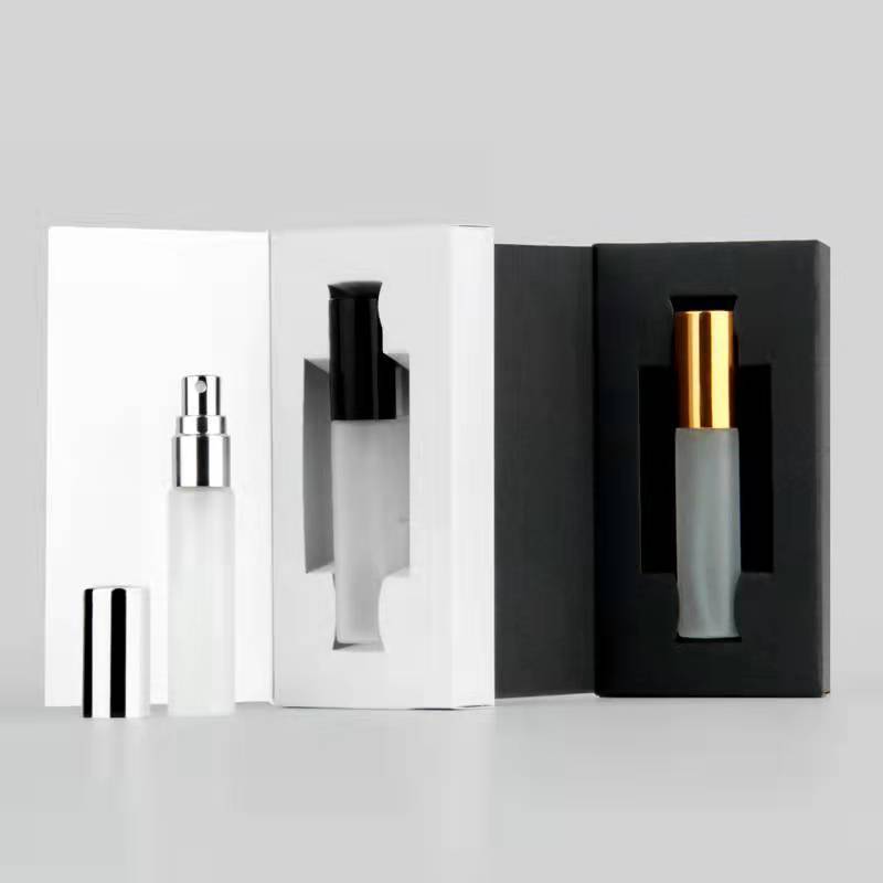 Hot Sale 5ml 10ml mini frosted glass perfume spray bottles empty perfume bottles with white black paper box packaging