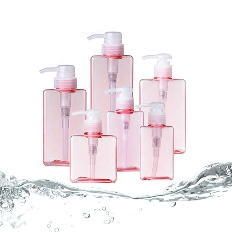 wholesale luxury blue pink clear PETG Plastic cosmetic body lotion bottles hotel square shape empty shampoo bottle