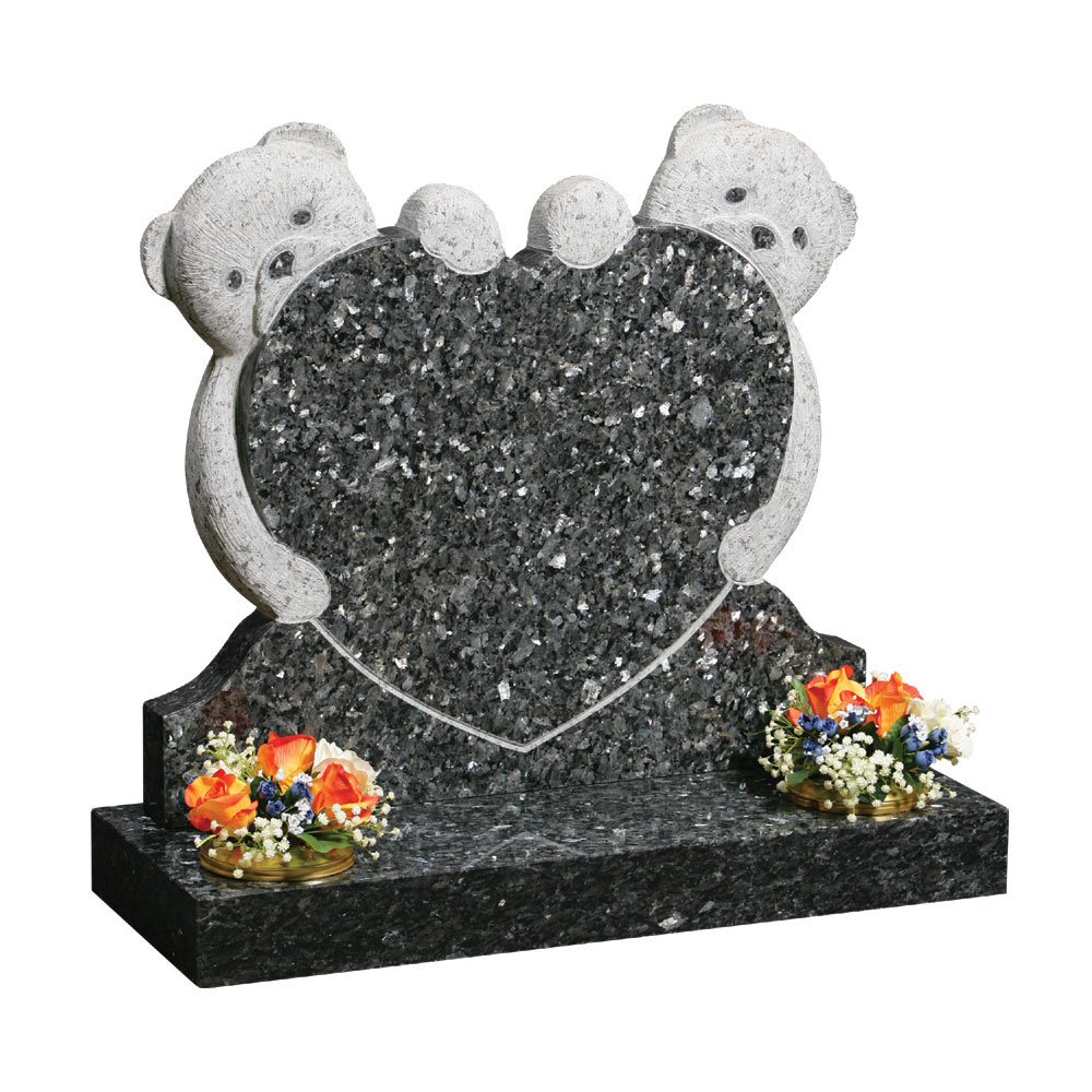 Custom Antique Carved Baby Child Jet Black Granite Tombstones Headstones Memorial Stone with Single Bear Heart For Cemetery