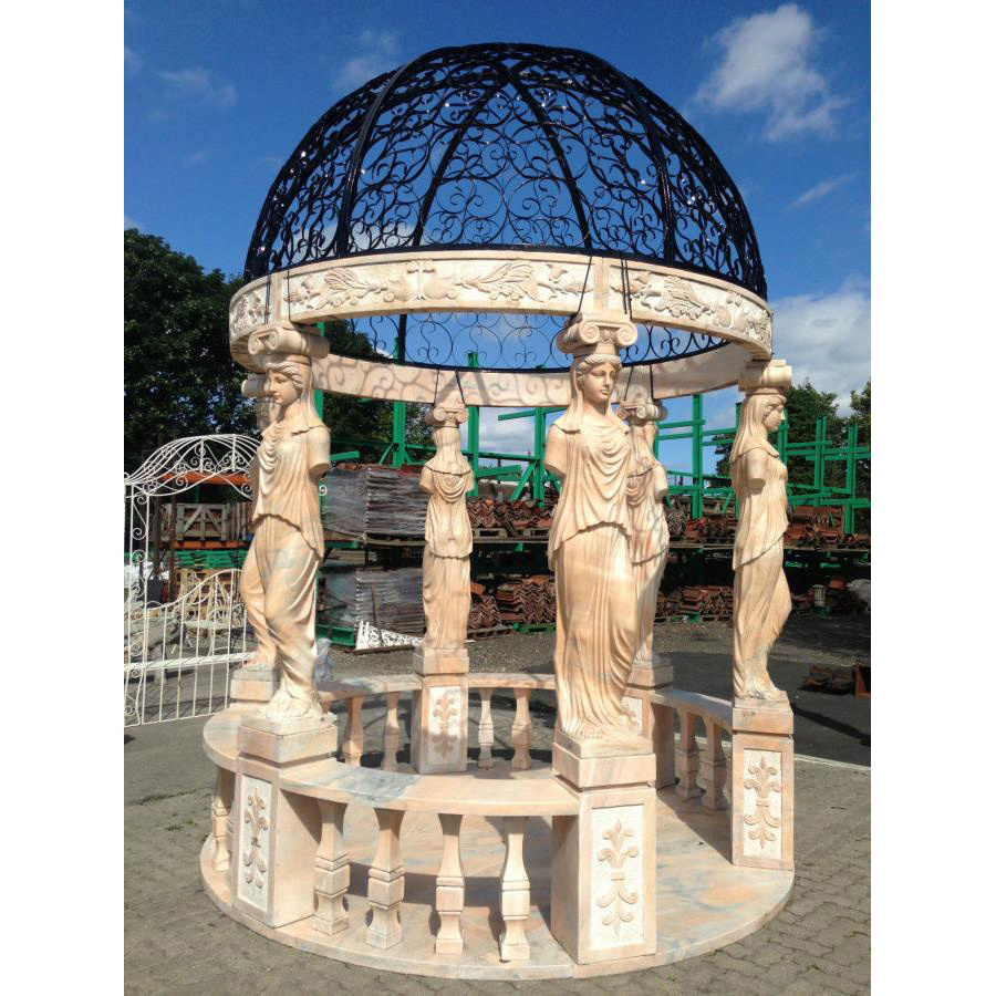 Outdoor Wedding Gazebo Handmade Pavilion Stone Crafts Greek Maiden Lady Sculpture Sunset Red Marble Stone Gazebo