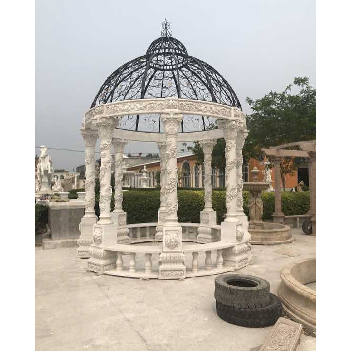 Outdoor Wedding Gazebo Handmade Pavilion Stone Crafts Greek Maiden Lady Sculpture Sunset Red Marble Stone Gazebo