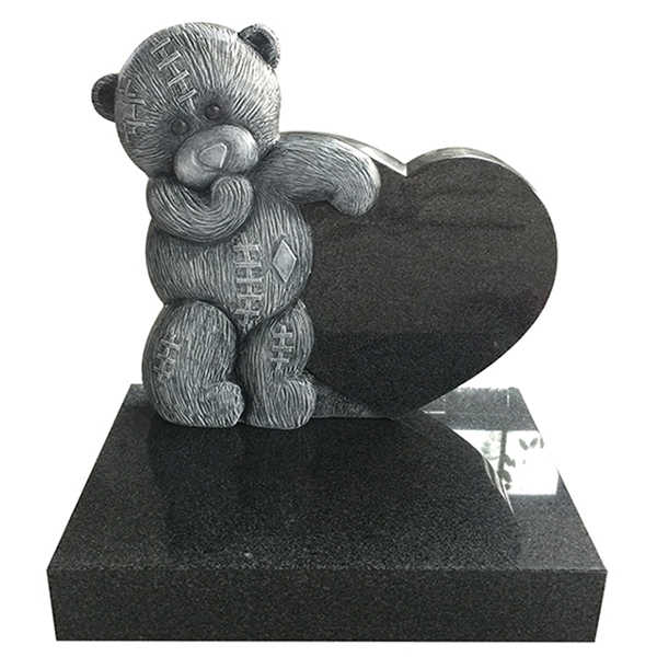 Custom Antique Carved Baby Child Jet Black Granite Tombstones Headstones Memorial Stone with Single Bear Heart For Cemetery