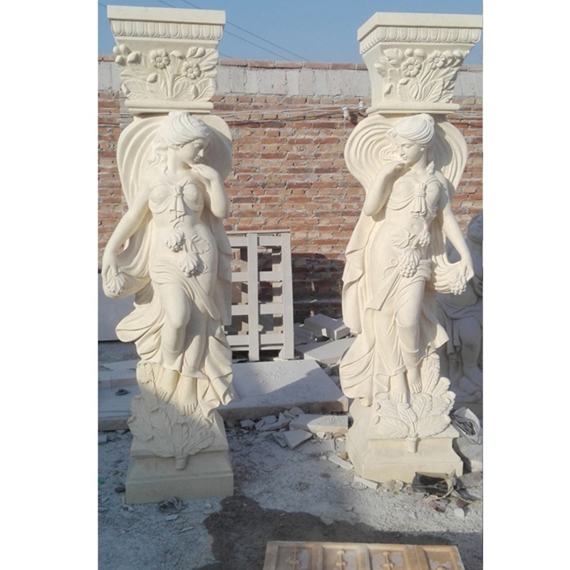 High Quality Hand Carved Egypt Cream Marble Roman Columns Pillars Statue