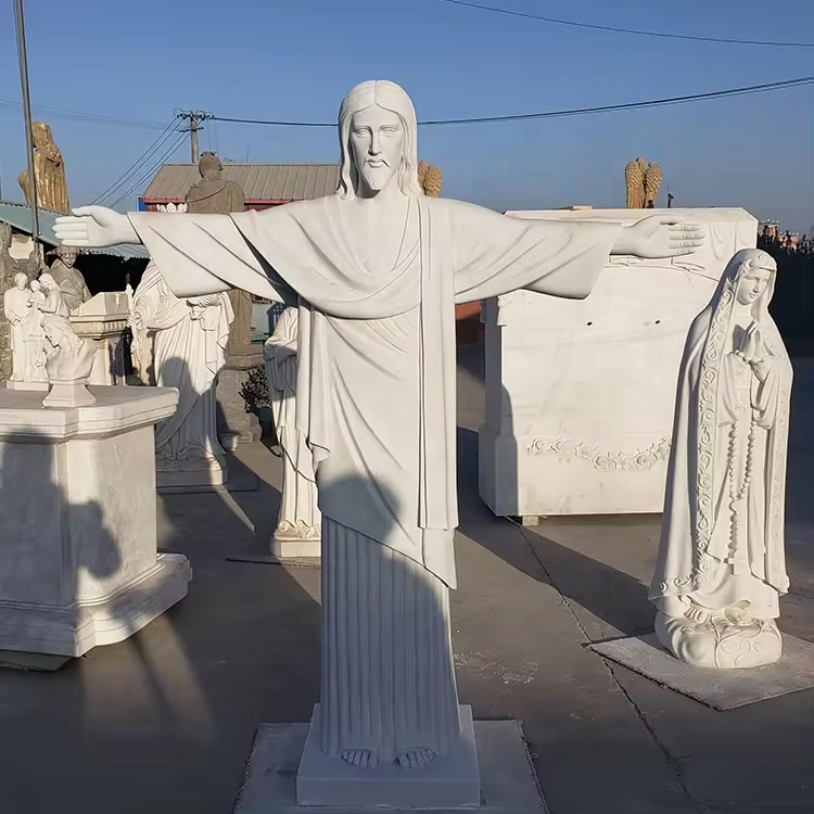 Custom Hand Carved Religious Sculpture Christ The Redeemer White Marble Jesus Statue