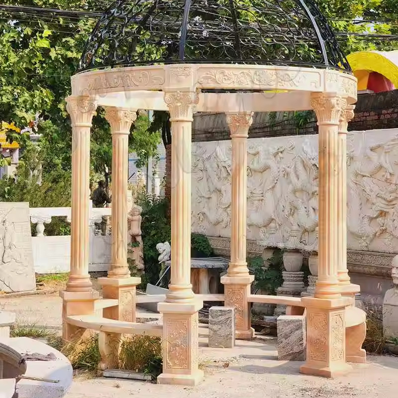 Large Size European Hand Carved Nature Stone Roman Column Pavilion Beige Marble Gazebo Statue For Outdoor Garden Decoration