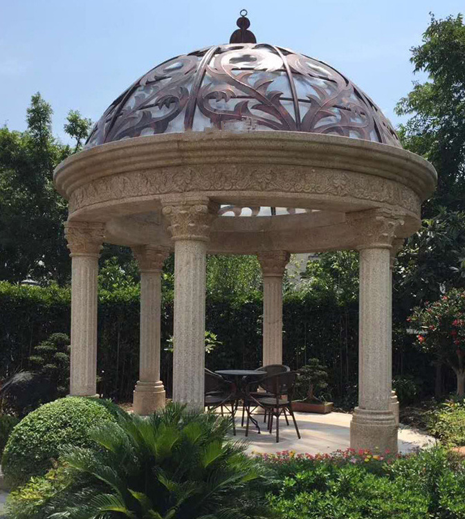 Large Size European Hand Carved Nature Stone Roman Column Pavilion Beige Marble Gazebo Statue For Outdoor Garden Decoration