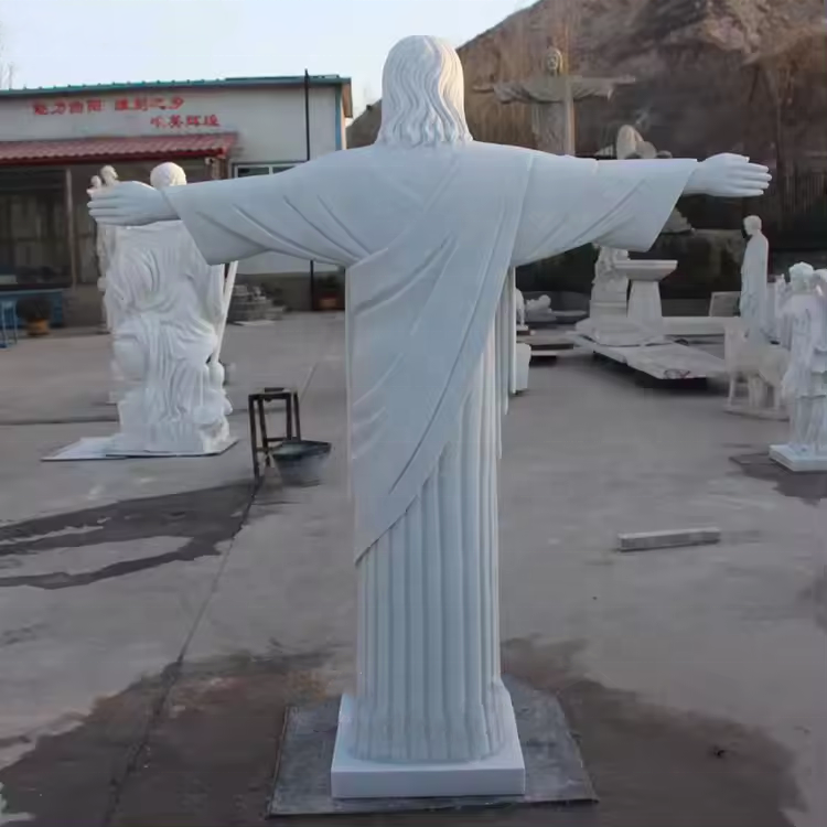 Custom Hand Carved Religious Sculpture Christ The Redeemer White Marble Jesus Statue