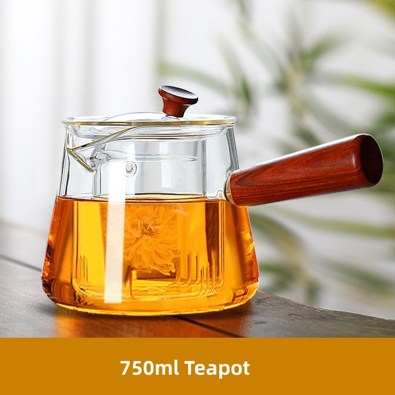 Hot sale Stovetop Safe Japanese Style Tea pot Loose Leaf Tea Maker Clear Glass Teapot Tea Kettle with Infuser Wooden Handle