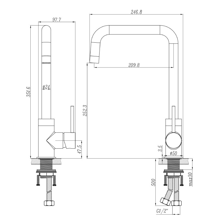 HILITE Square flat tube cold and hot water mixing zinc faucet bathroom basin faucet kitchen sink zinc alloy faucet