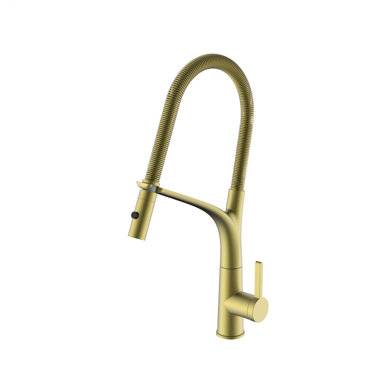 HILITE Commercial Style Deck Mounted Brushed Gold Pull Out Kitchen Faucet Spring Dual Spout Pull Down Mixer Tap and Pot Filler