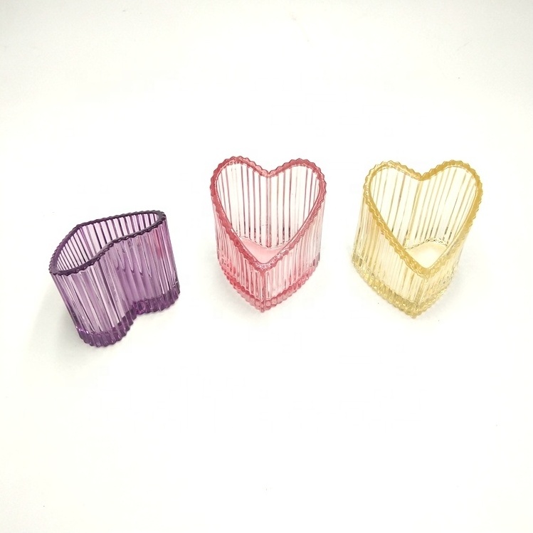 Hand Made Ribbed Colored Heart Shaped Glass Candle Jar And Glass Tealight Holder For Valentine Day