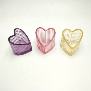 Hand Made Ribbed Colored Heart Shaped Glass Candle Jar And Glass Tealight Holder For Valentine Day